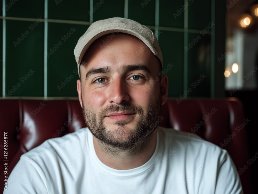 Portrait of a smiling man in a beige cap and white shirt, sitting in a cozy diner setting