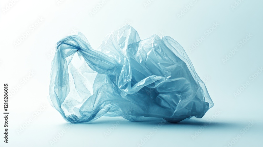 Fototapeta premium Crumpled plastic bag lying on the ground, representing pollution, on solid white background, single object.