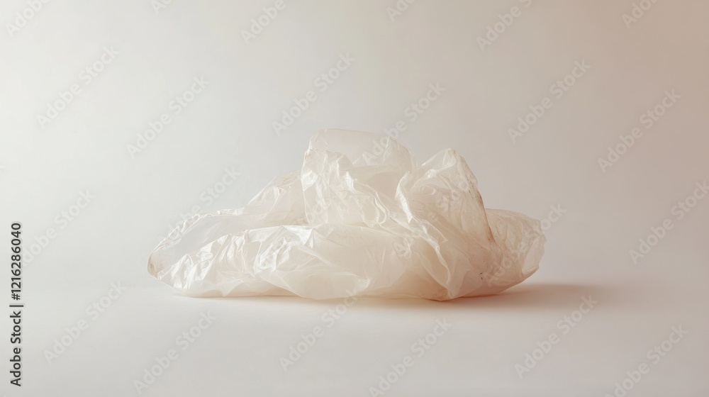Crumpled plastic bag lying on the ground, representing pollution, on solid white background, single object. Crumpled plastic bag lying on the ground, representing pollution, on solid white background, single object.
