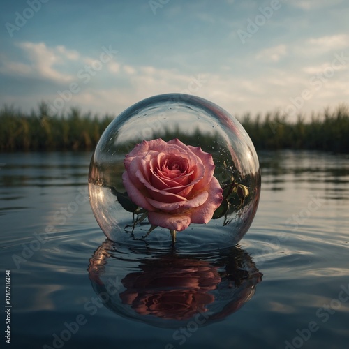 A rose inside a floating bubble in a surreal environment.