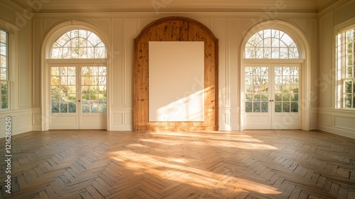 Elegant Sunlit Empty Room with Large Windows and Intricate Wood Paneling