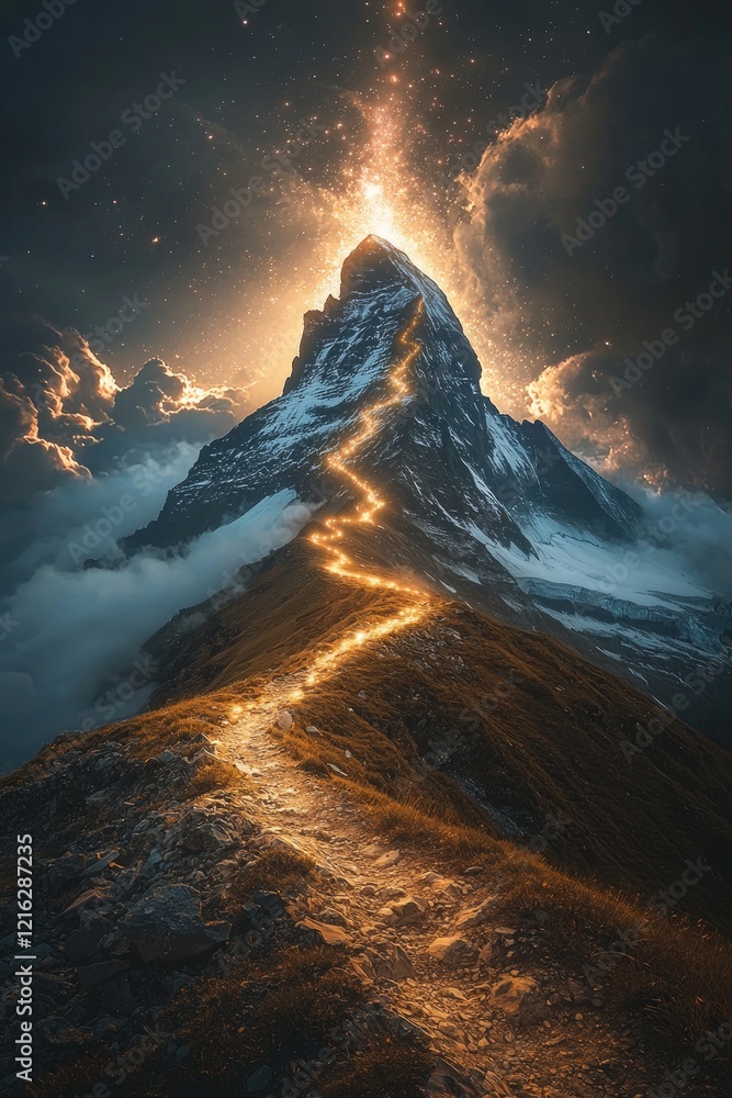 Naklejka premium A starry path spiraling upward into the clouds above a mountain peak, its shimmering light illuminating the rugged terrain below.