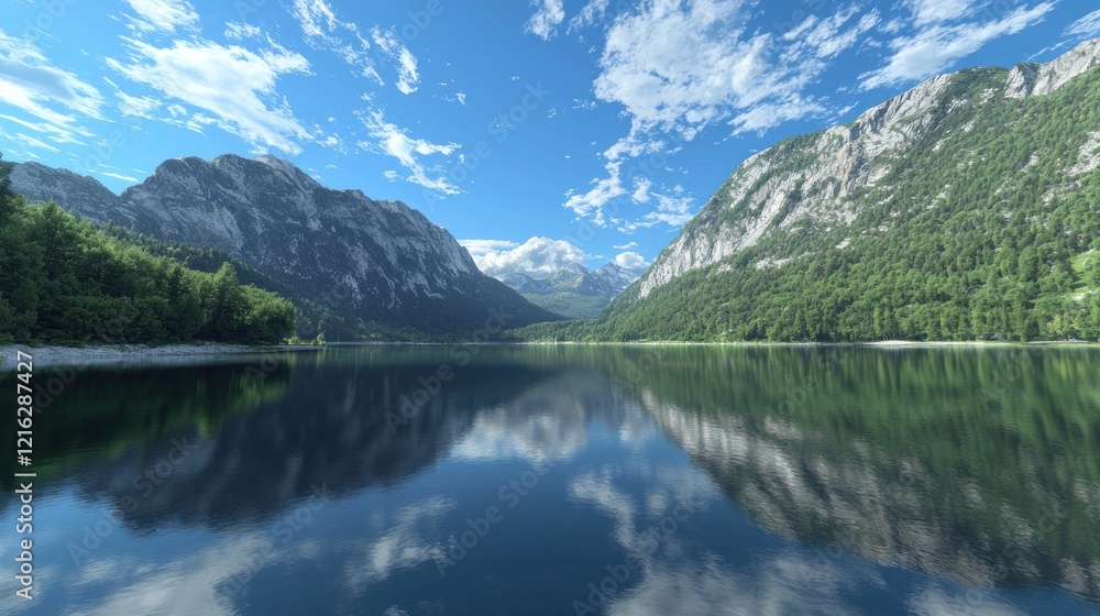 Calm alpine lake reflecting mountains, sunny sky, peaceful nature scene, travel poster Calm alpine lake reflecting mountains, sunny sky, peaceful nature scene, travel poster