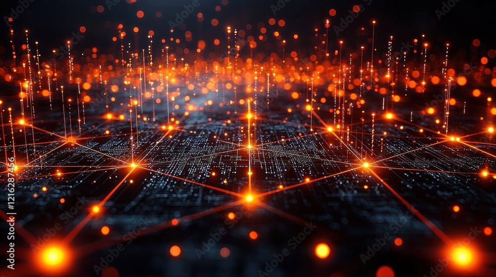 Abstract network of glowing lights on a dark background, for tech concepts. Abstract network of glowing lights on a dark background, for tech concepts.