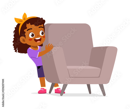 little kid play hide and seek and hiding behind chair