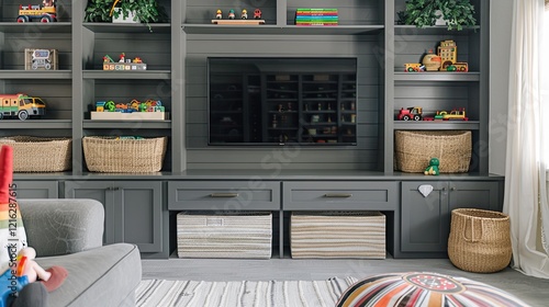 A large, built-in gray bookcase with gray cabinets and shelves in the background, a rainbow toy on the shelf, a white rug on the floor, in a children's playroom