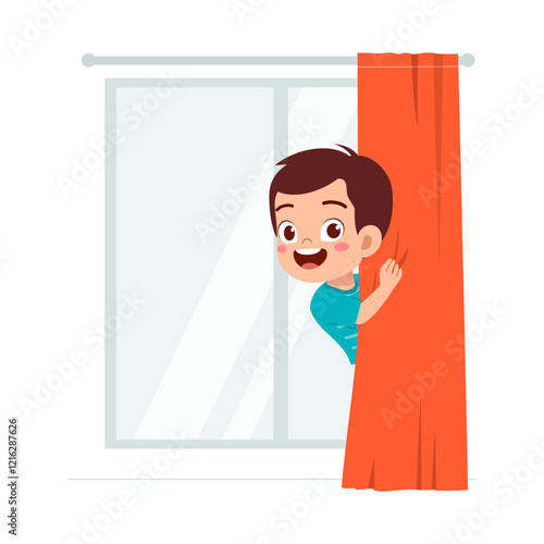 little kid play hide and seek and hiding behind curtain