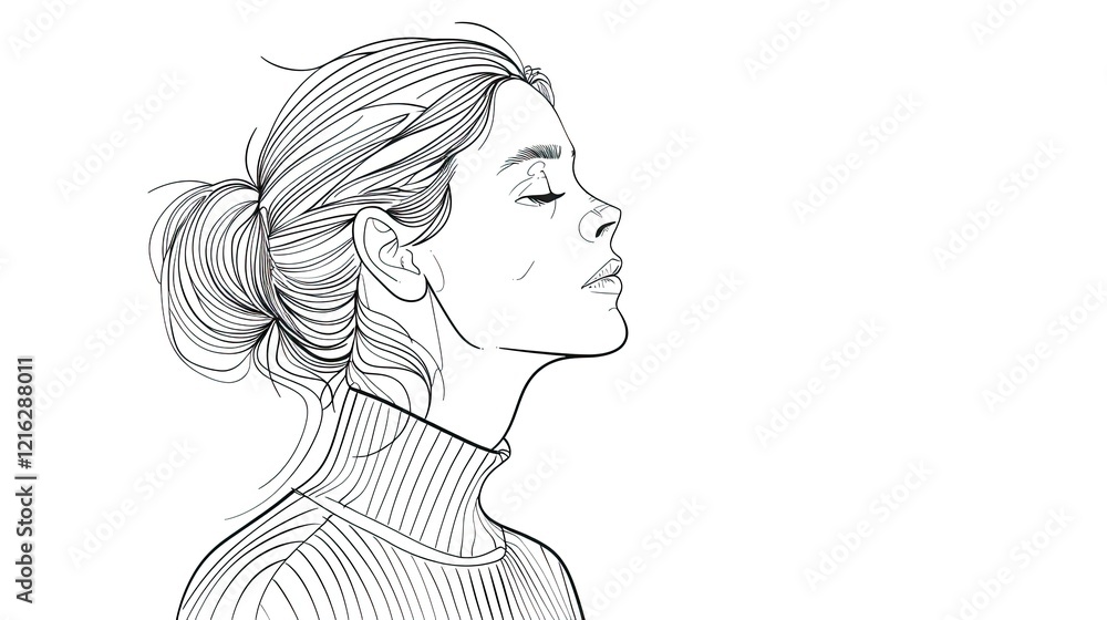 A simple line drawing of an elegant woman with her hair in a ponytail, seen from the side and looking slightly down to one side A simple line drawing of an elegant woman with her hair in a ponytail, seen from the side and looking slightly down to one side