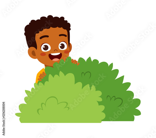 little kid play hide and seek and hiding inside bush