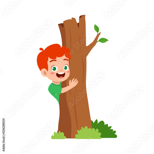 little kid play hide and seek and hiding behind tree
