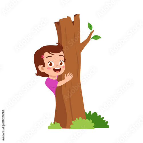 little kid play hide and seek and hiding behind tree