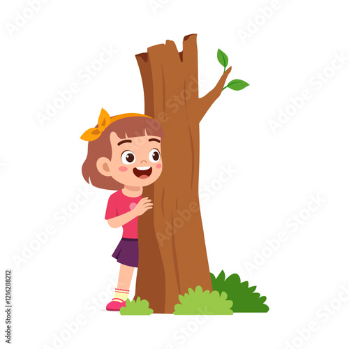 little kid play hide and seek and hiding behind tree