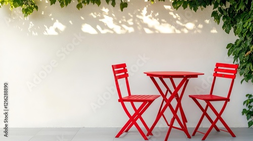 Bright red foldable bistro set under a shady pergola photo