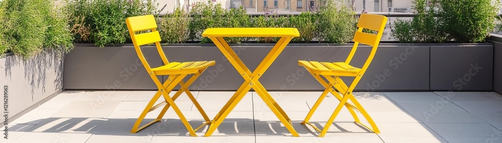 Bright yellow foldable bistro set on a sunny rooftop garden Bright yellow foldable bistro set on a sunny rooftop garden