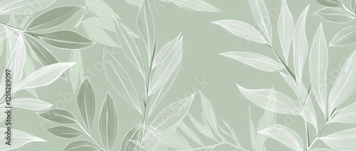 Mimosa leaves seamless pattern, soft sage green background with white lines and contours, fine line art drawing, modern botanical illustration