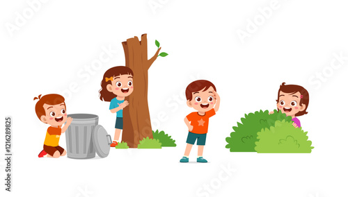 little kid play hide and seek with friend and feel happy