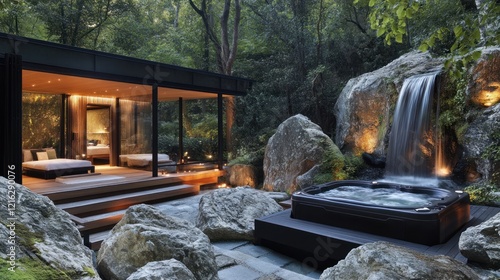 Serene Waterfall Spa Retreat Modern Design Luxurious Getaway