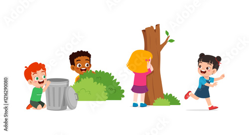 little kid play hide and seek with friend and feel happy