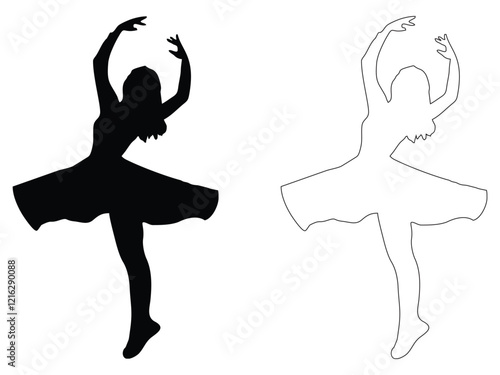 Woman ballerina jumping performs dance on stage of ballet theater performing with crown number in front of audience. Girl ballerina in spotlight is dressed for classical ballet. Ballet elements icon