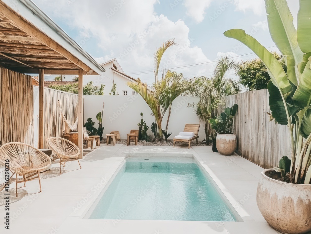 Fototapeta premium Tranquil Minimalist Oasis Backyard Poolside Relaxation