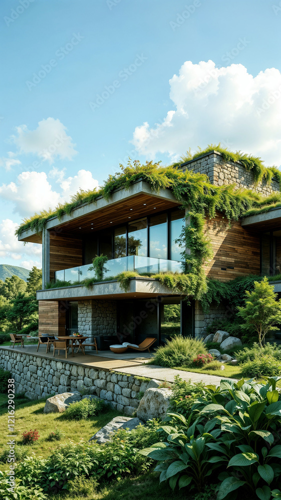 Modern eco-friendly homes nestled in a lush green landscape surrounded by trees and rocks Modern eco-friendly homes nestled in a lush green landscape surrounded by trees and rocks
