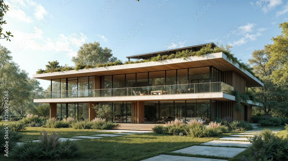 Fototapeta premium Modern eco-friendly homes nestled in a lush green landscape surrounded by trees and rocks