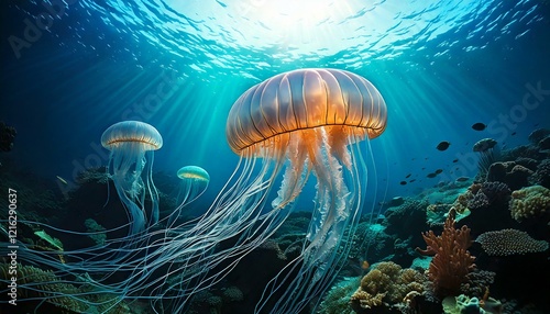Jellyfish gliding under the sea vibrant marine life coral reef underwater view serenity