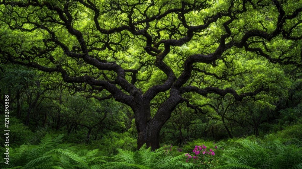 Fototapeta premium Majestic Ancient Tree in Lush Green Forest Ferns and Flowers