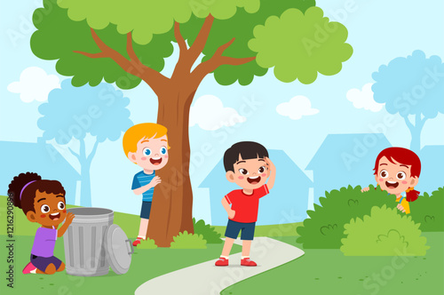 little kid play hide and seek with friend and feel happy