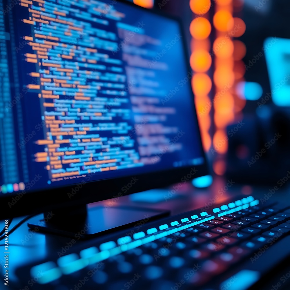 Computer Screen with Code in a Dark Room, Colorful Bokeh Background, Neon Lights, Cybersecurity, Hacking, Software Development, Futuristic Digital Interface, Matrix-Style Text, High-Contrast Moody. Computer Screen with Code in a Dark Room, Colorful Bokeh Background, Neon Lights, Cybersecurity, Hacking, Software Development, Futuristic Digital Interface, Matrix-Style Text, High-Contrast Moody.