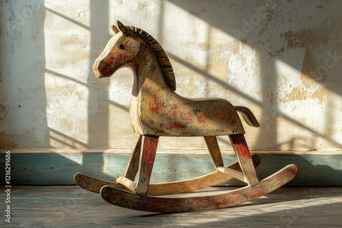 A weathered wooden rocking horse, bathed in sunlight, stands against a rustic wall. photo