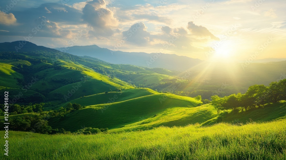 Fototapeta premium Green land with rolling hills and lush grass under a sunny sky, on solid white background, single object.