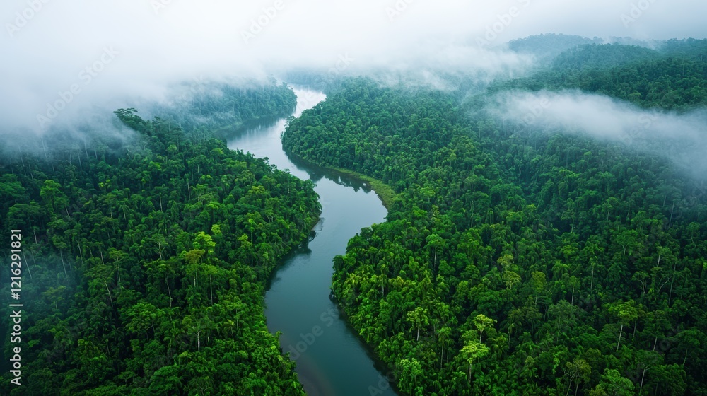 Serene River Winding Through Misty Lush Rainforest Serene River Winding Through Misty Lush Rainforest