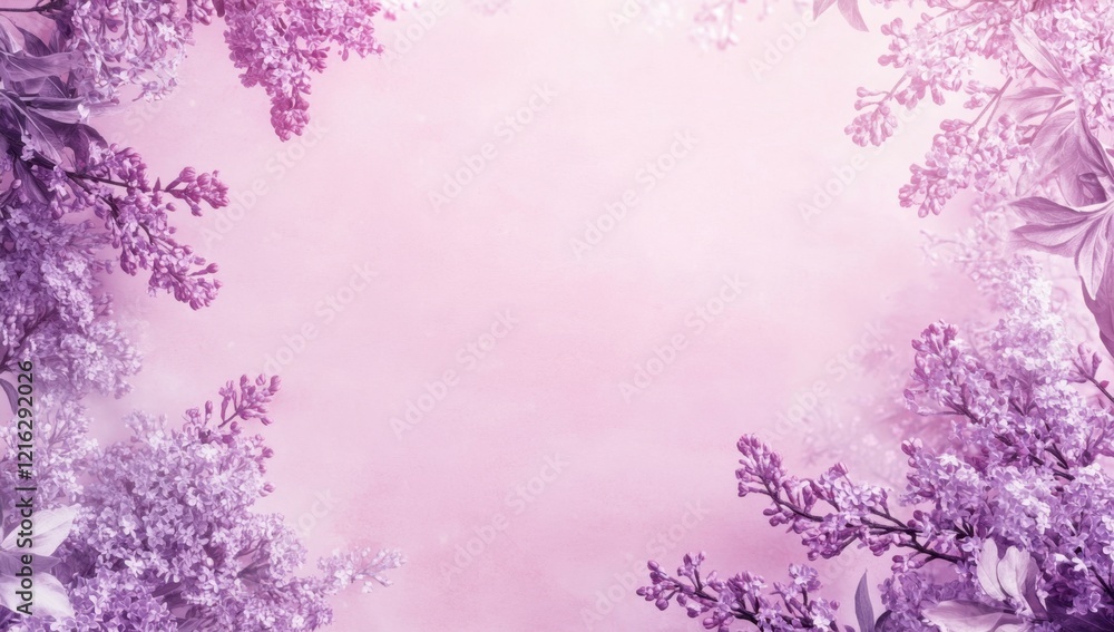 Photo of a pink background with Lilac blossoms on the left side, top view. Web banner with copy space Photo of a pink background with Lilac blossoms on the left side, top view. Web banner with copy space