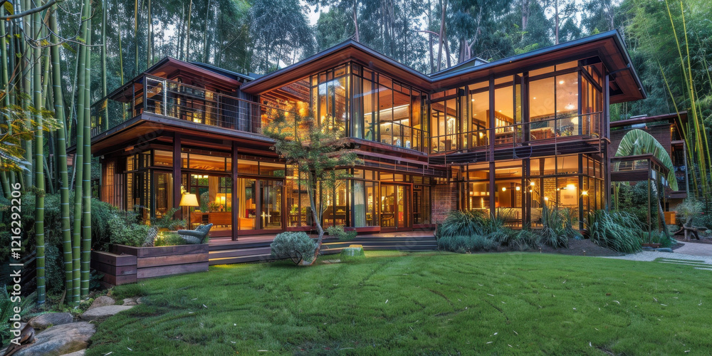 Fototapeta premium Modern Wooden House with Lush Garden