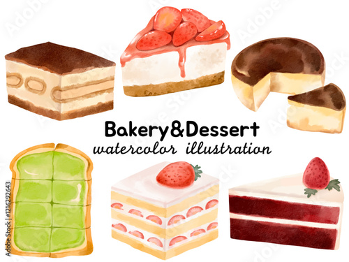 Watercolor Bakery & Dessert Illustration: Featuring Tiramisu, Strawberry Cheesecake, Basque Burnt Cheesecake, Pandan Toast, Strawberry Shortcake, and Red Velvet Cake for Culinary-Themed Art and Creati