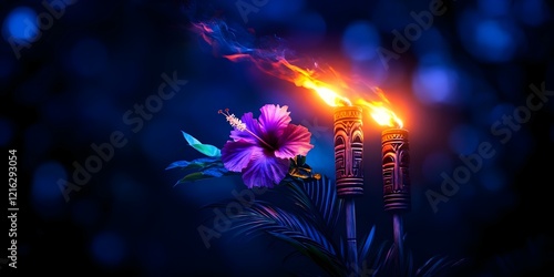 Two tiki torches with flames, surrounded by a vibrant hibiscus flower and tropical foliage against a dark blue background. Concept Tiki Torches, Vibrant Hibiscus, Tropical Foliage