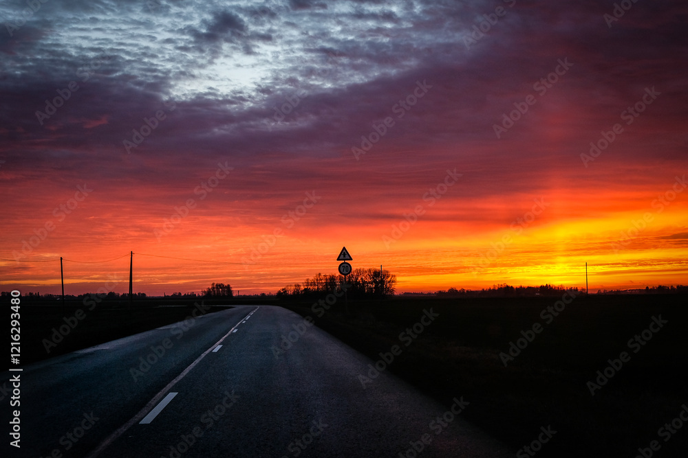 Very beautiful colorful sunset, highway and car. Sunset trip. Very beautiful colorful sunset, highway and car. Sunset trip.