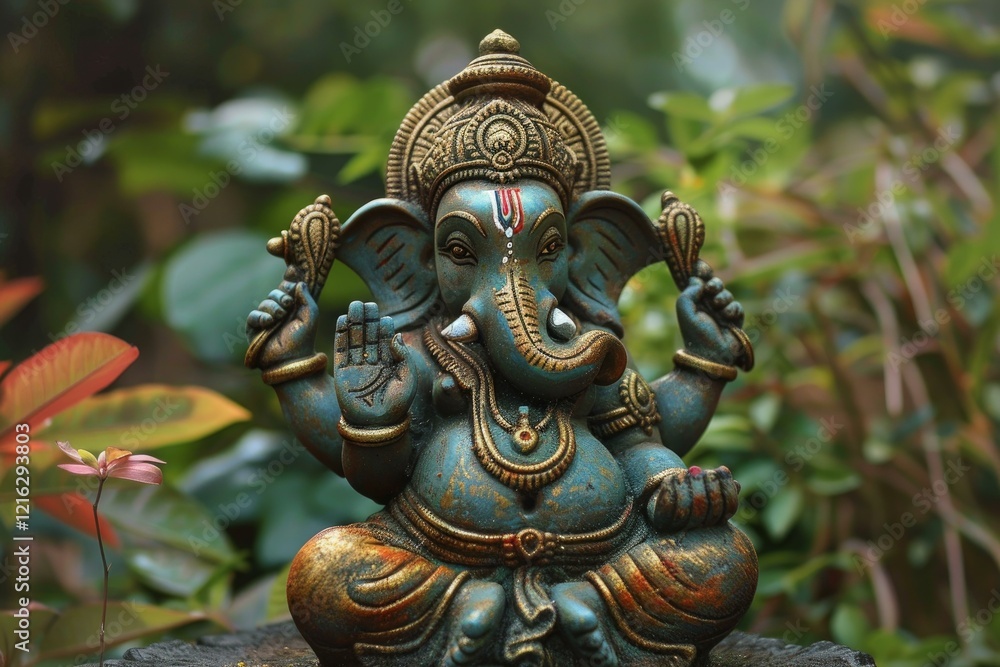 Serene statue of ganesha placed in a vibrant garden, embodying peace and spirituality Serene statue of ganesha placed in a vibrant garden, embodying peace and spirituality