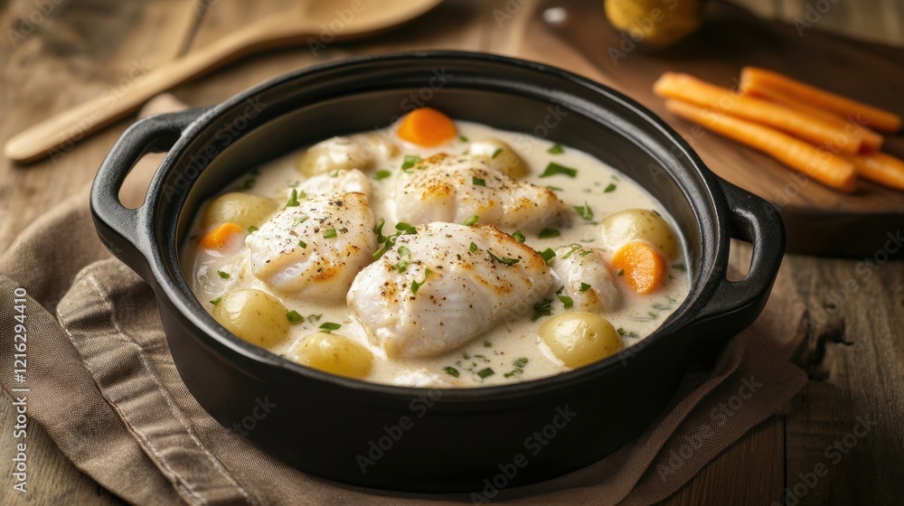 Norwegian fish soup. The dish contains a thick, creamy white sauce and small carrots, green asparagus, and meaty herring fillets. A black pot stands next to a wooden spoon, in a top-down view Norwegian fish soup. The dish contains a thick, creamy white sauce and small carrots, green asparagus, and meaty herring fillets. A black pot stands next to a wooden spoon, in a top-down view