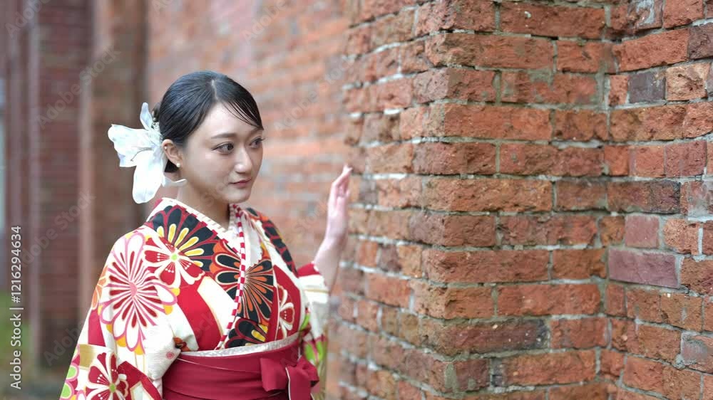 Young women in their 20s wear traditional hakama (kimono) in Japan, known for the graduation ceremony. She is walking in front of the brick building. Young women in their 20s wear traditional hakama (kimono) in Japan, known for the graduation ceremony. She is walking in front of the brick building.