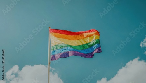 The historic rainbow flag is flying against a blue sky.  photo