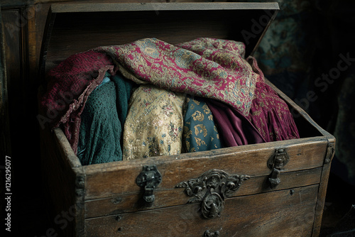 An antique wooden chest overflows with a collection of richly patterned, vintage fabrics in deep jewel tones. photo