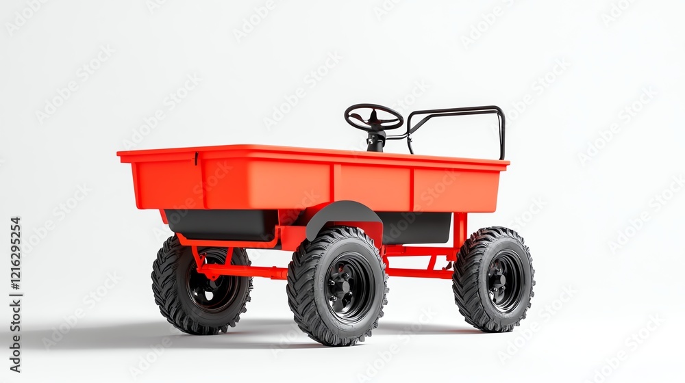 Bright red toy wagon with black wheels and handle on a white isolate background. Bright red toy wagon with black wheels and handle on a white isolate background.