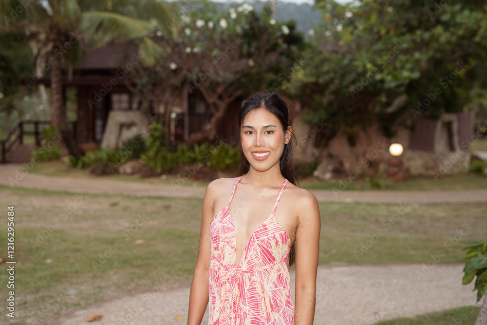 Naklejka premium Summer beach portrait of young beautiful Asian woman
