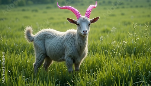 White Goat with Pink Horns in Green Field photo