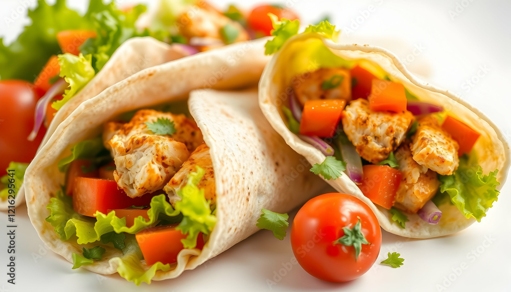 Vibrant chicken fajita wraps, colorful vegetables, grilled chicken pieces, soft tortillas, fresh lettuce, juicy tomatoes, bell peppers, appetizing Mexican cuisine, high-resolution food photography, br Vibrant chicken fajita wraps, colorful vegetables, grilled chicken pieces, soft tortillas, fresh lettuce, juicy tomatoes, bell peppers, appetizing Mexican cuisine, high-resolution food photography, br