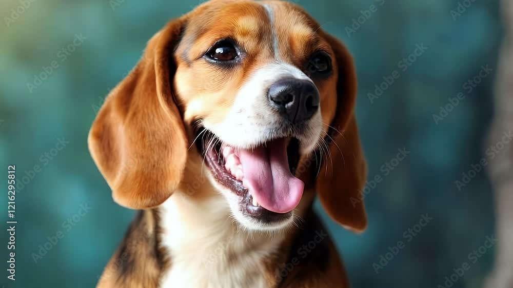 Happy beagle dog portrait, smiling with eyes closed. Happy beagle dog portrait, smiling with eyes closed.