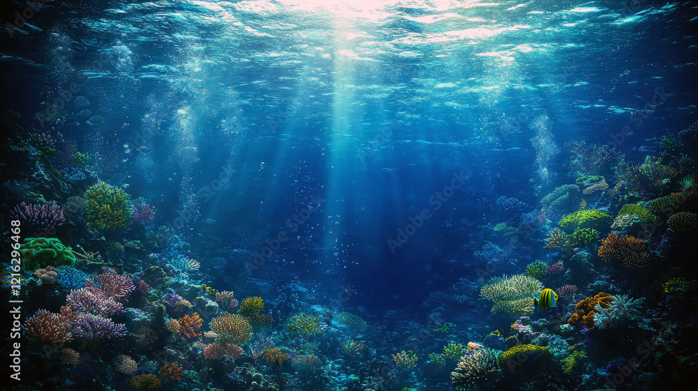 Fototapeta premium Mesmerizing Underwater Scene: Vibrant Coral Reef, Sunlight Rays, and Diverse Marine Life