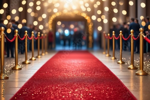 A red carpet with golden poles, red ropes on a blurred background representing a glamorous celebration event photo